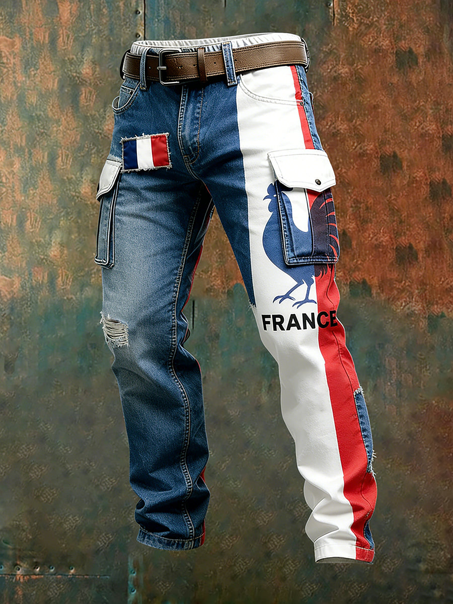 Hommes Vintage Drapeau Français Et Gallic Coq Imprimer Business Casual Pantalon De Travail