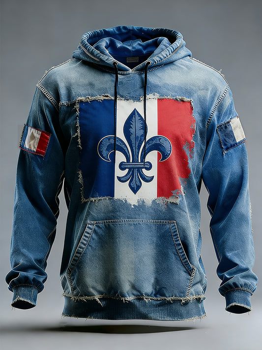 Sweat-shirt à capuche décontracté à motif de drapeau français pour hommes