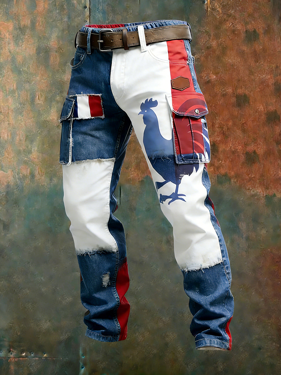 Hommes Vintage Drapeau Français Et Gallic Coq Imprimer Business Casual Pantalon De Travail