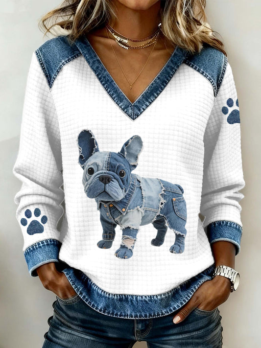 Femmes Belle Français Bulldog Motif Denim Patchwork V-Neck Top