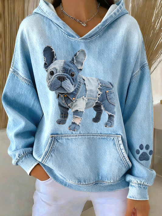 Femmes Belle Français Bulldog Denim Patchwork Motif Hoodie