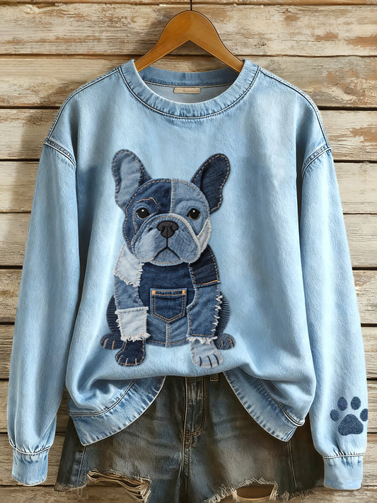 Femmes Denim Patchwork Art Français Bulldog Motif Sweatshirt