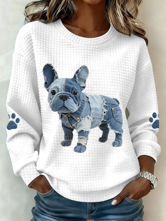 Femmes Denim Patchwork Français Bulldog Motif Waffle Sweatshirt