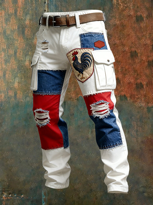 Hommes Vintage Drapeau Français Et Gallic Coq Imprimer Business Casual Pantalon De Travail