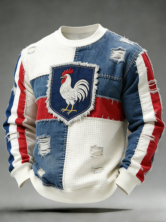 Le drapeau français rétro et le coq gaulois Patchwork Casual Waffle-Knit haut confortable