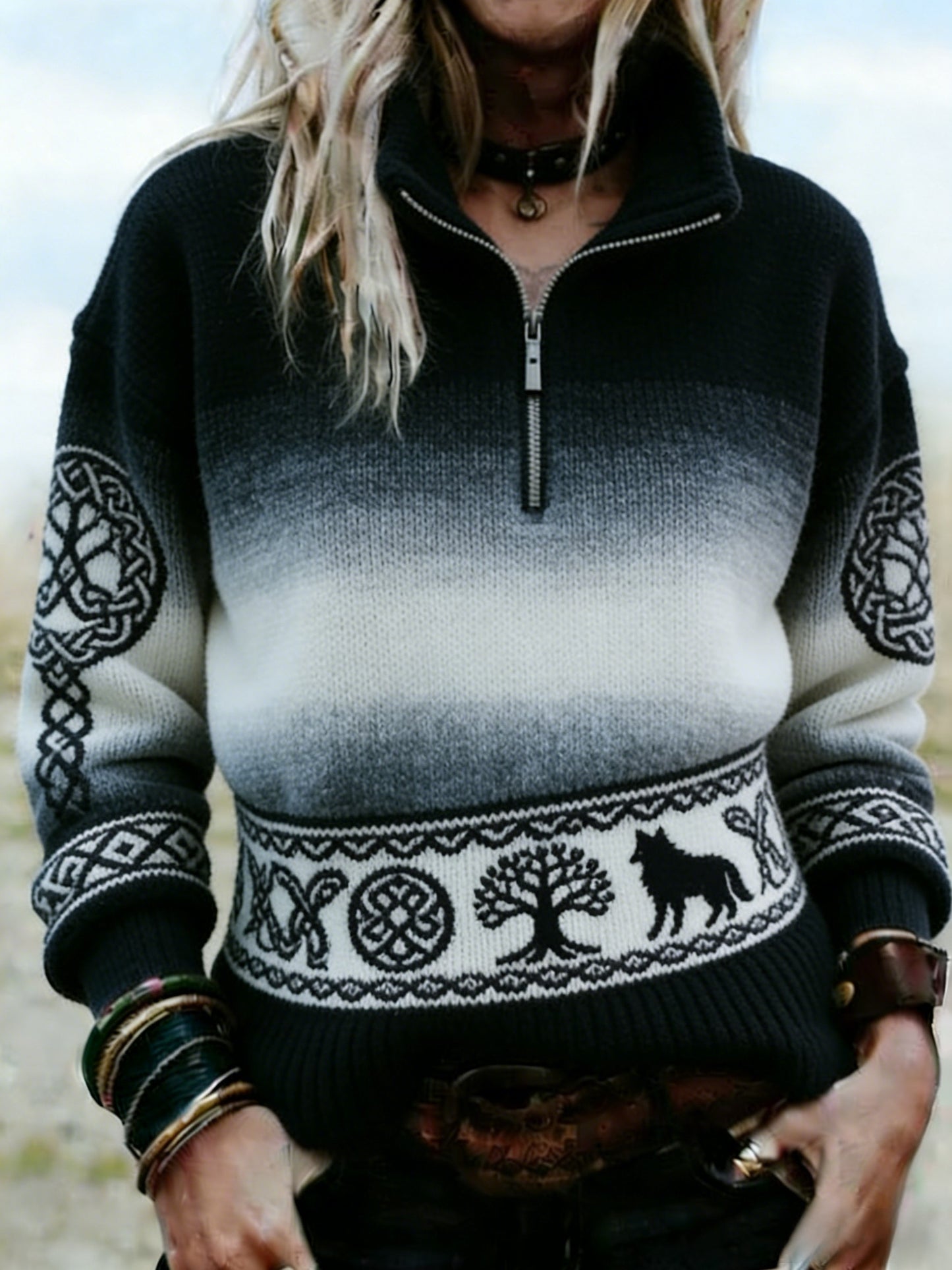 Viking Wolf Noeud celtique Arbre de vie Dégradé des femmes Sweat-shirt en molleton décontracté