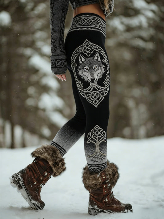 Femmes Retro Viking Wolf Noeud Celtique Arbre De Vie Gradient Sport Stretch Leggings
