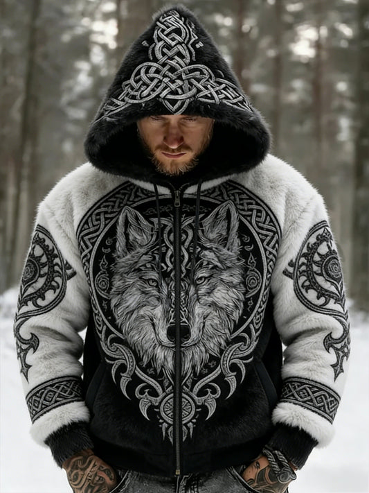 Hommes Retro Viking Wolf Totem style celtique flanelle chaud Sweat à capuche