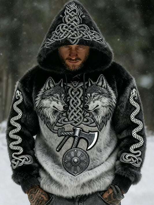 Rétro Viking Celtic Art Pattern Plush Veste à capuche zippée chaude pour hommes
