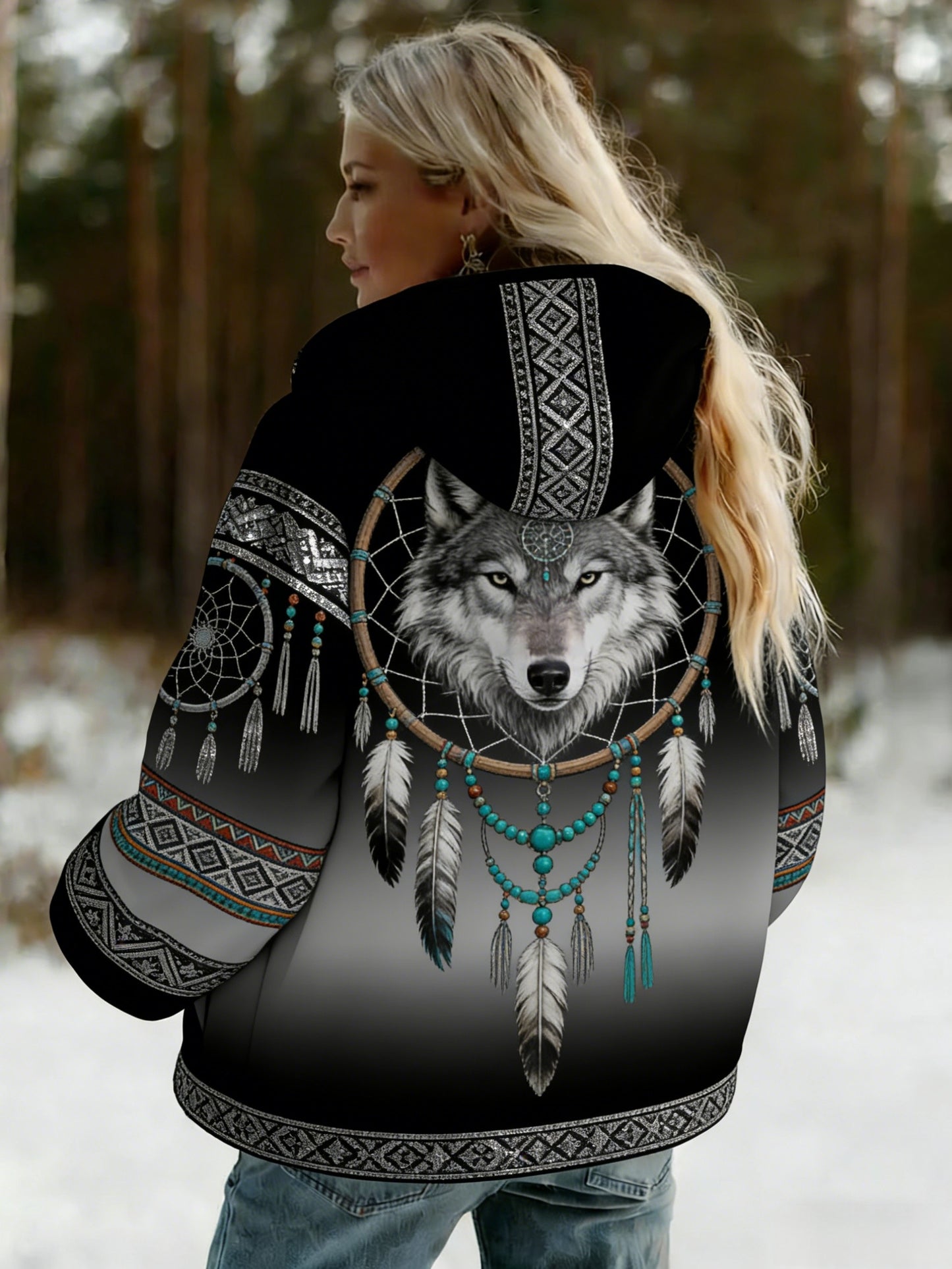 Veste à capuche décontractée avec doublure en molleton pour femme, style rétro Viking Nordic Wolf