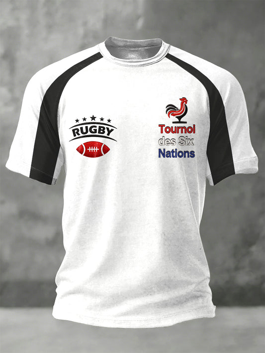 T-shirt en jersey blanc imprimé patchwork de rugby français pour homme