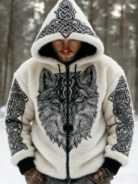Hommes Retro Viking Wolf Totem style celtique flanelle chaud Sweat à capuche