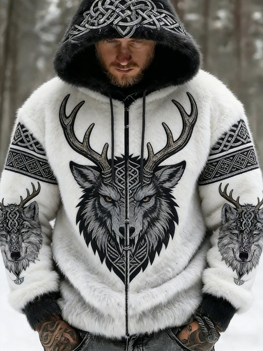Hommes Retro Viking Wolf Totem style celtique flanelle chaud Sweat à capuche