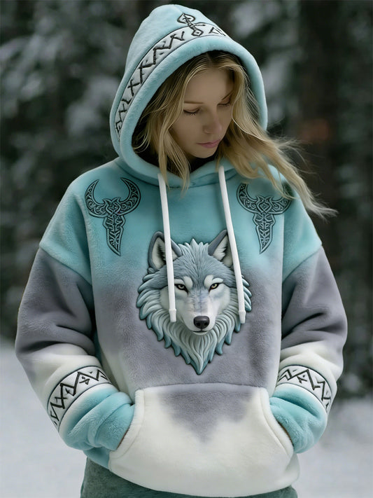 Sweat à capuche en flanelle vintage Viking Wolf Totem pour femme