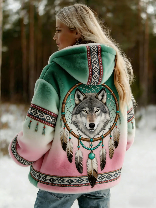 Vintage Viking Celtic Knot Wolf Print Gradient Flanelle Veste des femmes