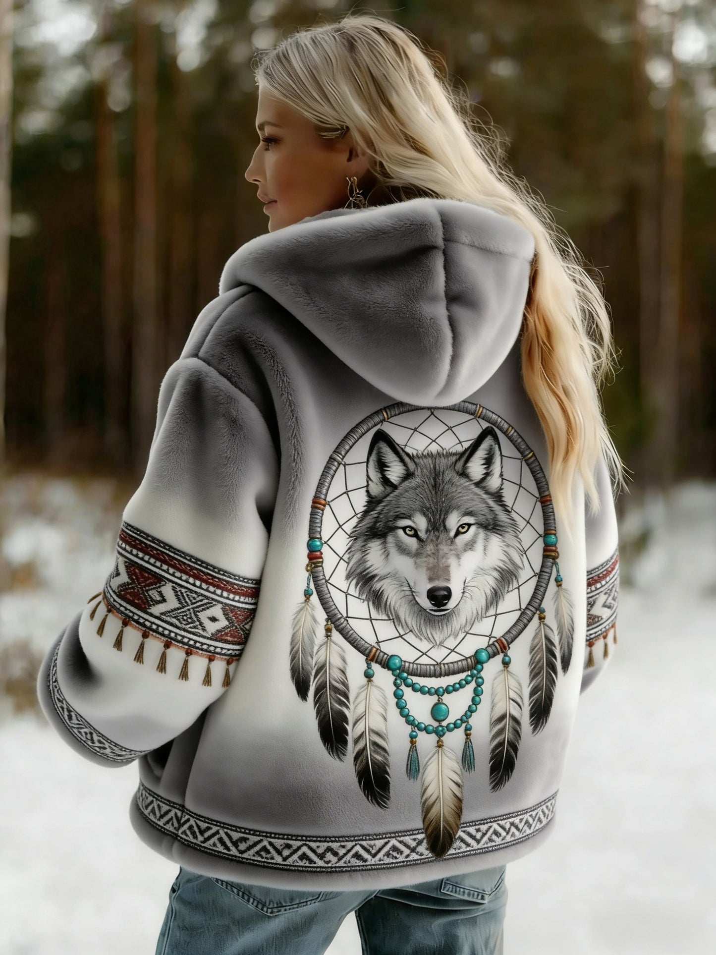 Vintage Viking Celtic Knot Wolf Print Gradient Flanelle Veste des femmes