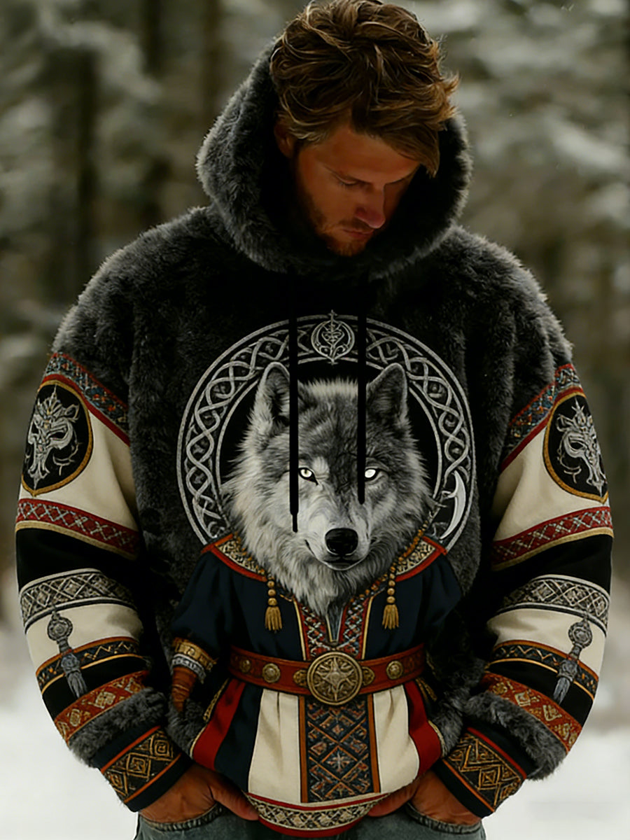 Rétro Viking Celtic Art Pattern Plush Veste à capuche zippée chaude pour hommes