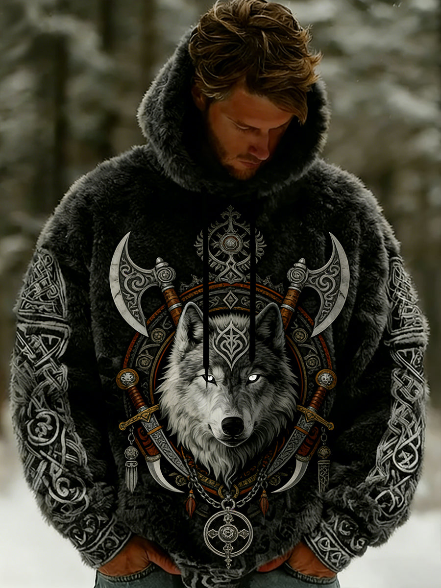 Rétro Viking Celtic Art Pattern Plush Veste à capuche zippée chaude pour hommes