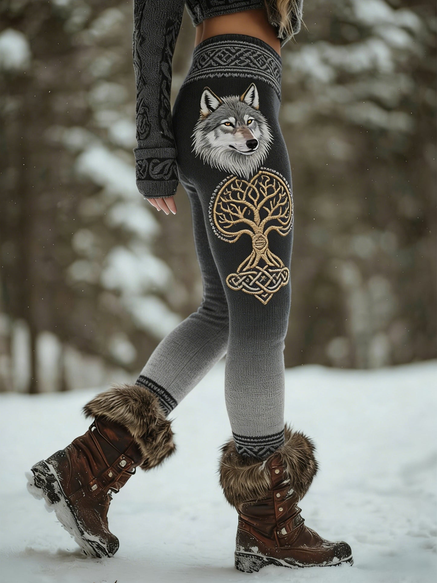 Femmes Retro Viking Wolf Noeud Celtique Arbre De Vie Gradient Sport Stretch Leggings