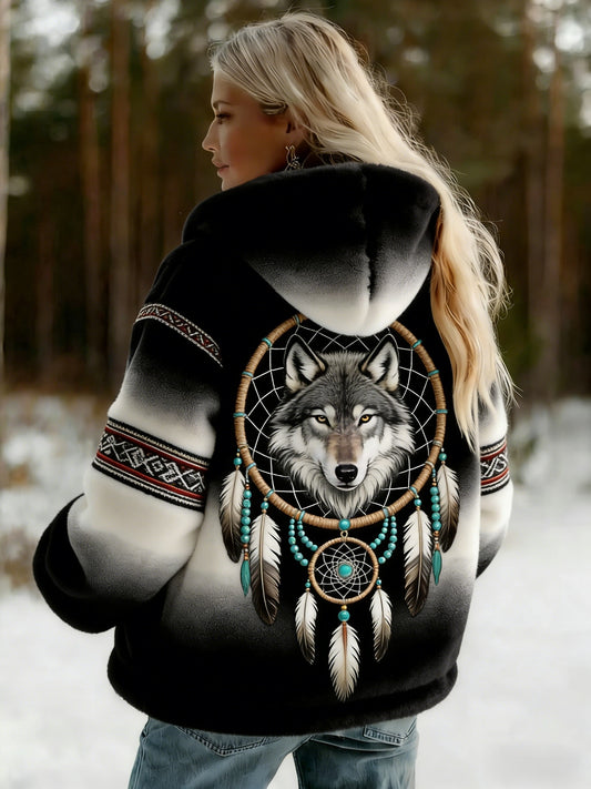Veste en flanelle décontractée ethnique rétro nordique Viking Wolf pour femme