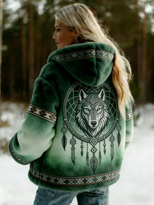 Veste en flanelle décontractée ethnique rétro nordique Viking Wolf pour femme