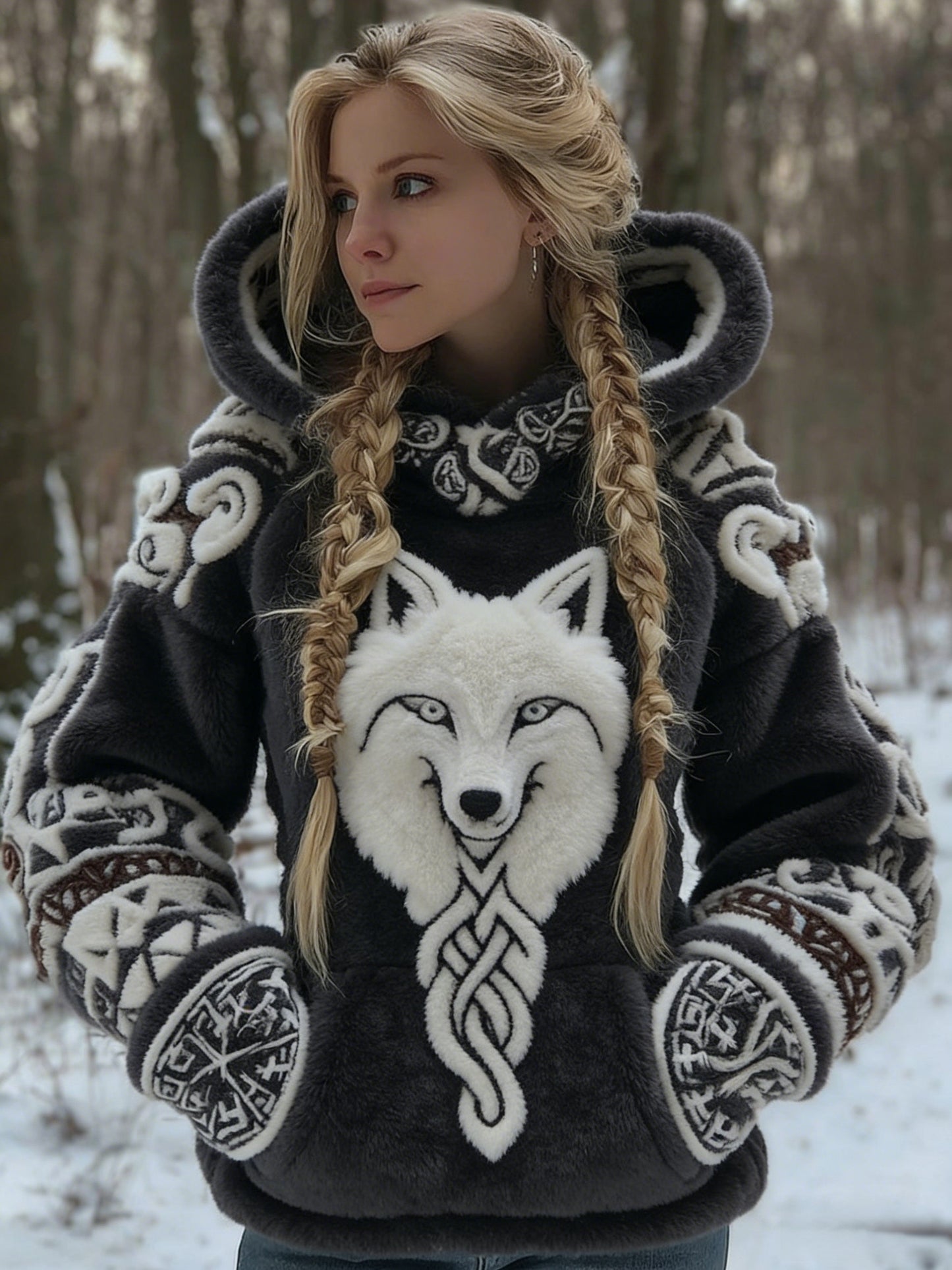 Sweat-shirt Femme Rétro Nordique Viking Wolf Ethnique Décontracté en Flanelle