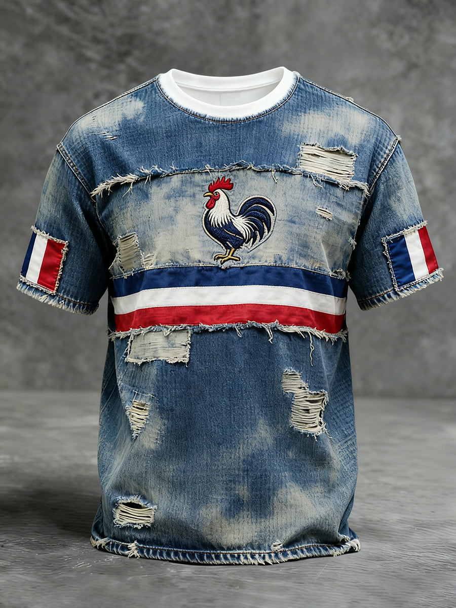 Modèle de coq drapeau français rétro Patchwork Color-Block T-shirt décontracté et confortable