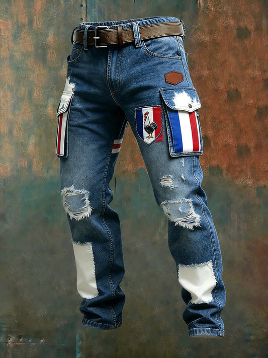 Hommes Vintage Drapeau Français Et Gallic Coq Imprimer Business Casual Pantalon De Travail