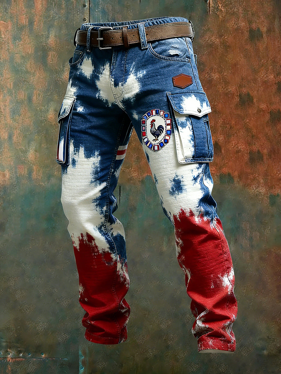 Hommes Vintage Drapeau Français Et Gallic Coq Imprimer Business Casual Pantalon De Travail