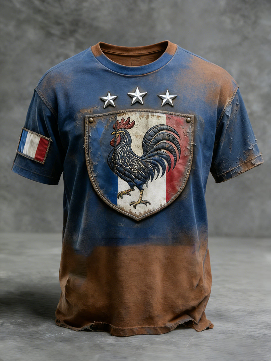 Modèle de coq drapeau français rétro Patchwork Color-Block T-shirt décontracté et confortable
