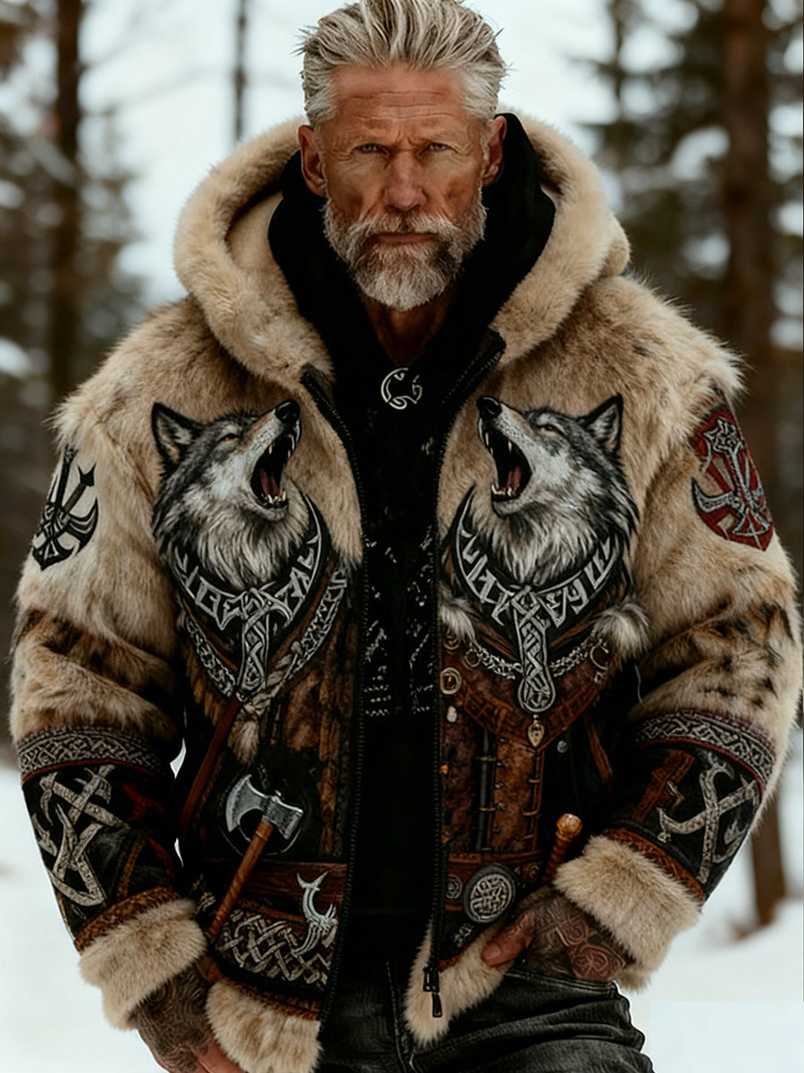 Hommes Retro Viking Wolf Totem style celtique flanelle chaud Sweat à capuche