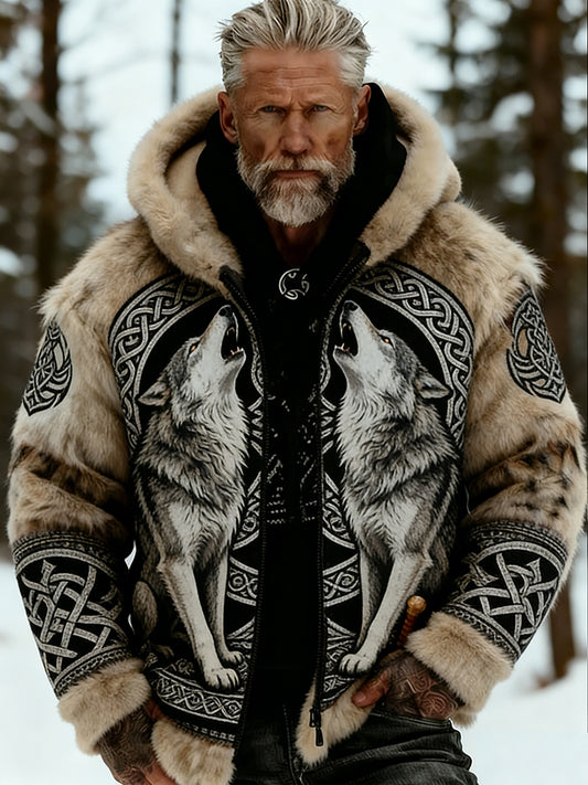 Hommes Retro Viking Wolf Totem style celtique flanelle chaud Sweat à capuche