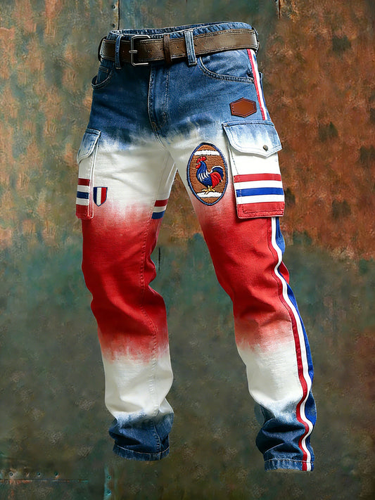 Hommes Vintage Drapeau Français Et Gallic Coq Imprimer Business Casual Pantalon De Travail