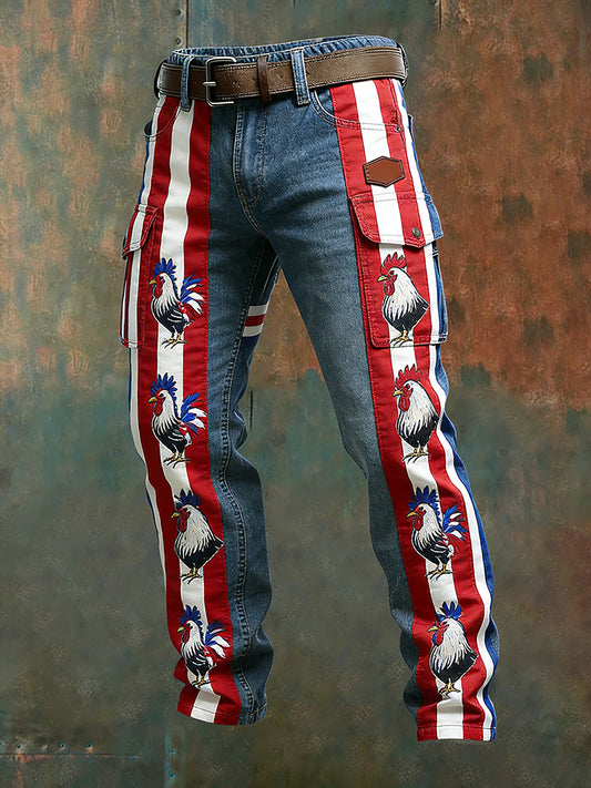 Hommes Vintage Drapeau Français Et Gallic Coq Imprimer Business Casual Pantalon De Travail