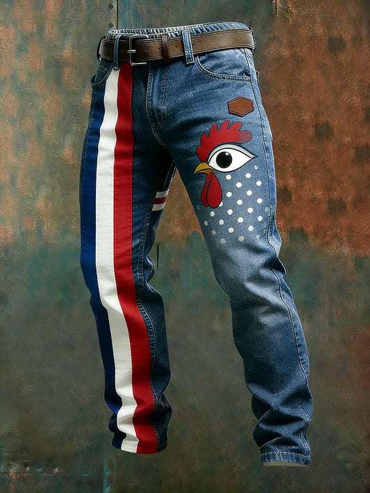 Hommes Vintage Drapeau Français Et Gallic Coq Imprimer Business Casual Pantalon De Travail