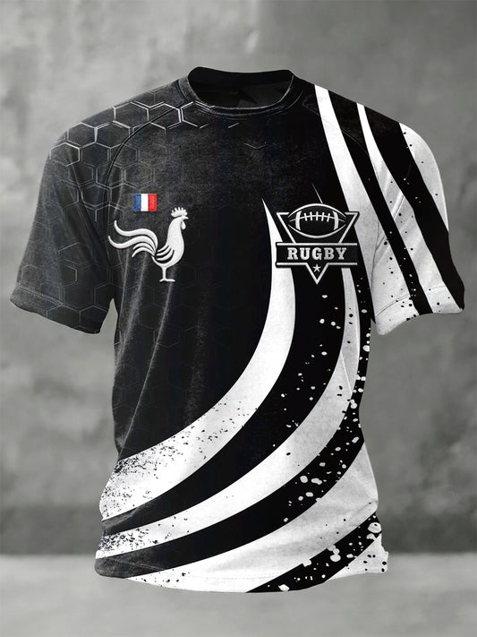 T-shirt en jersey de soutien noir et blanc à imprimé de coq de rugby français pour homme