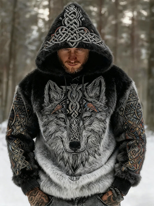 Rétro Viking Celtic Art Pattern Plush Veste à capuche zippée chaude pour hommes