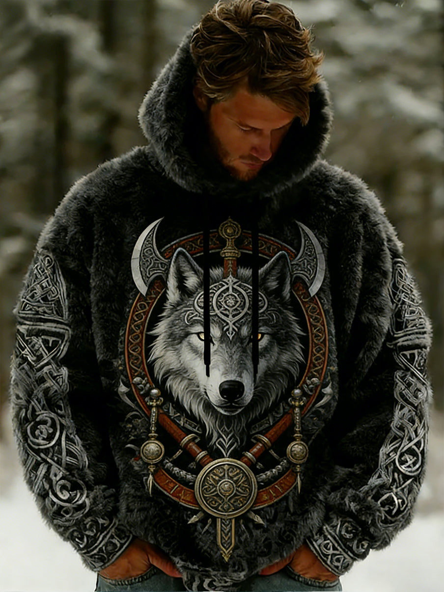 Rétro Viking Celtic Art Pattern Plush Veste à capuche zippée chaude pour hommes