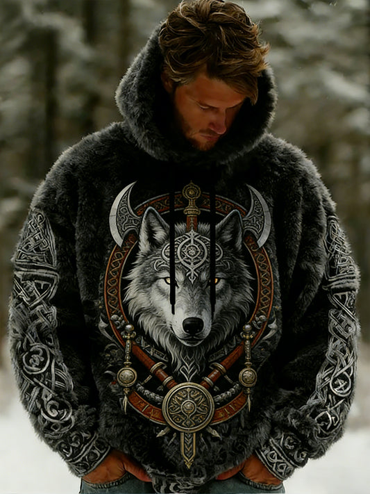 Rétro Viking Celtic Art Pattern Plush Veste à capuche zippée chaude pour hommes