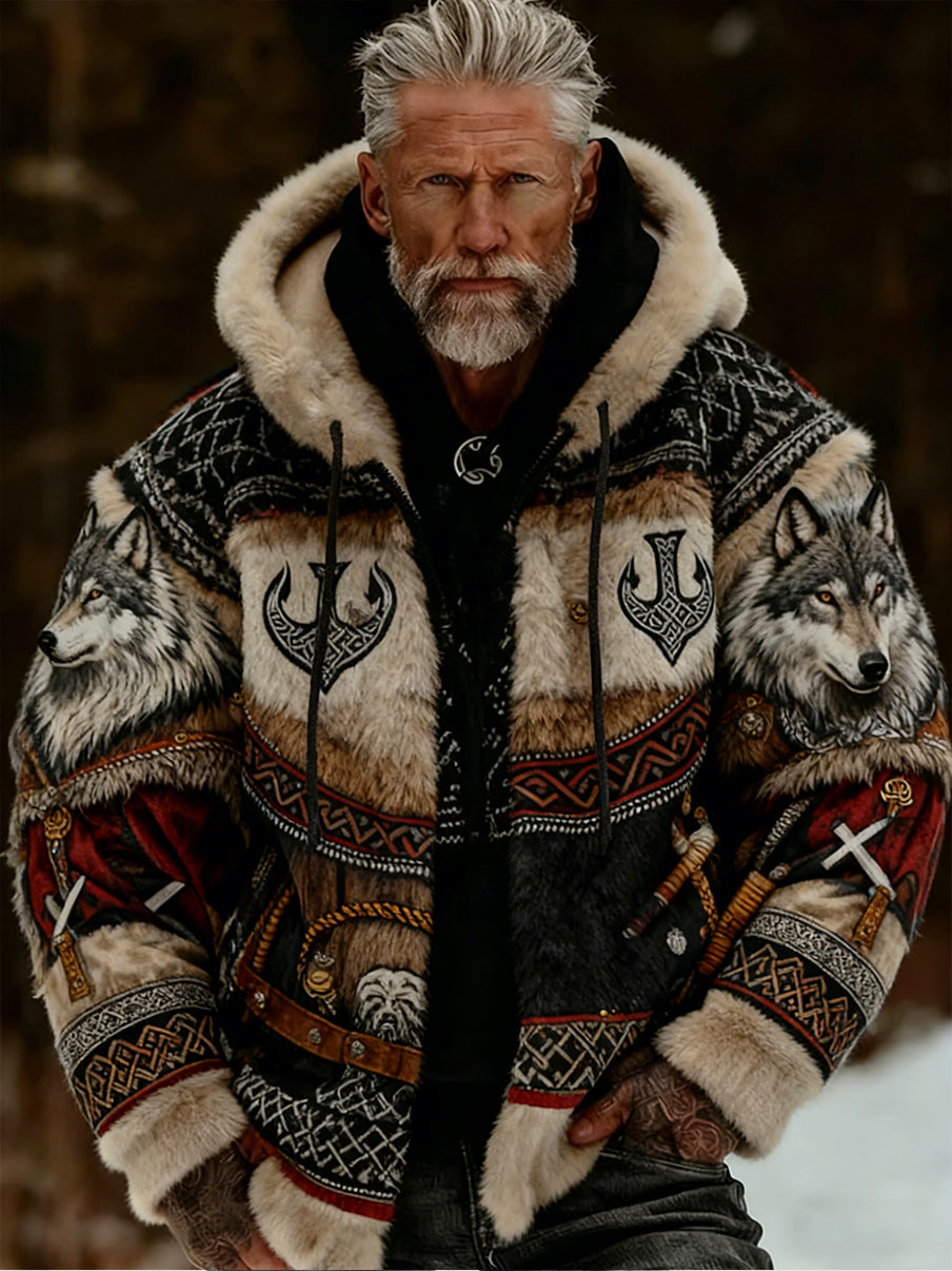 Hommes Retro Viking Wolf Totem style celtique flanelle chaud Sweat à capuche