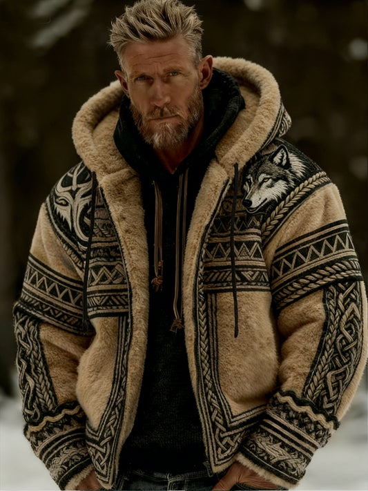 Hommes Retro Viking Wolf Totem style celtique flanelle chaud Sweat à capuche