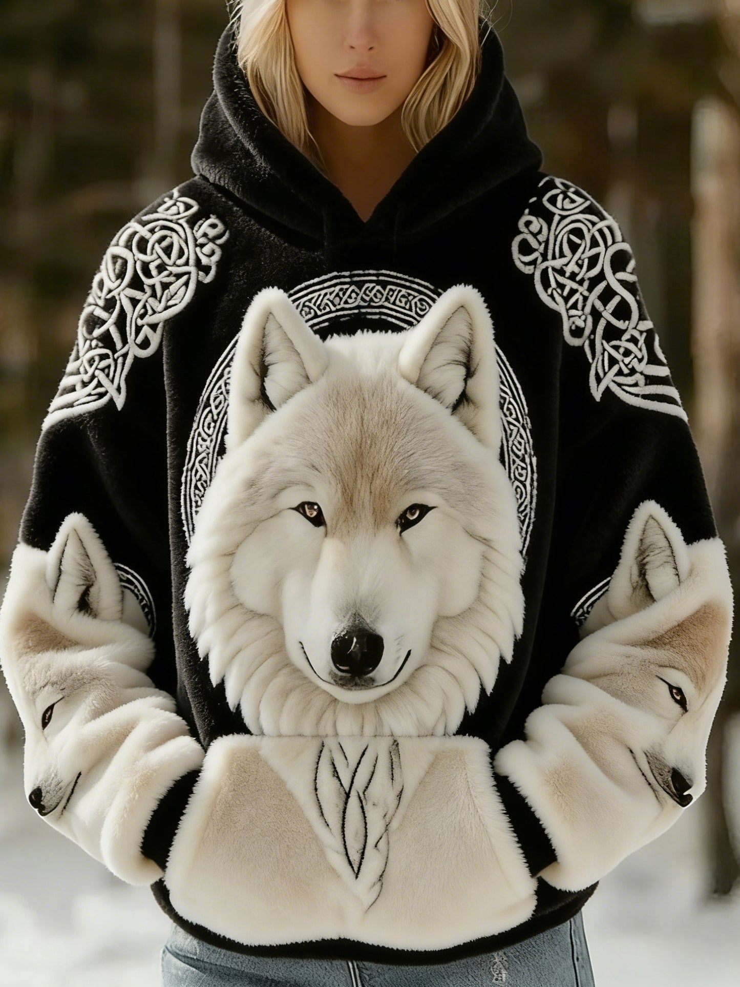 Retro Viking Nordic Wolf Celtic Knot Flanelle Sweat à capuche pour femme