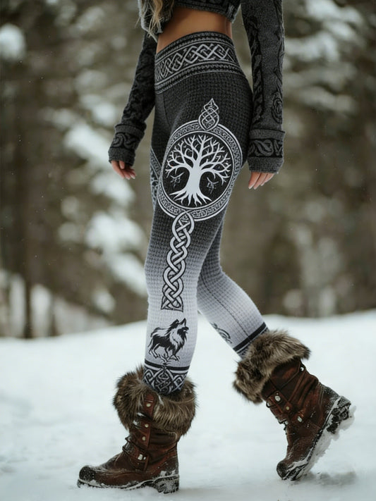 Femmes Retro Viking Wolf Noeud Celtique Arbre De Vie Gradient Sport Stretch Leggings