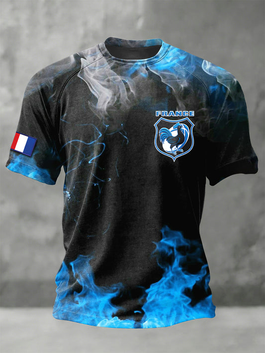 T-shirt en jersey décontracté noir et bleu à imprimé rugby français pour homme