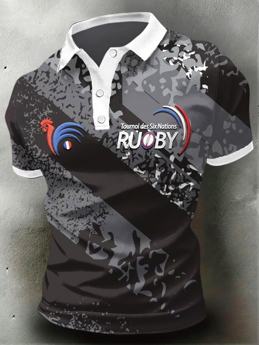 Polo décontracté à imprimé rugby coq français gris foncé pour homme
