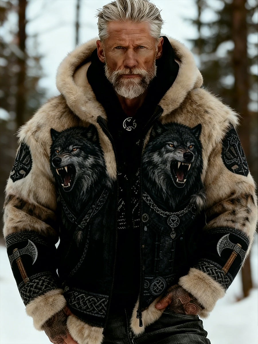 Hommes Retro Viking Wolf Totem style celtique flanelle chaud Sweat à capuche