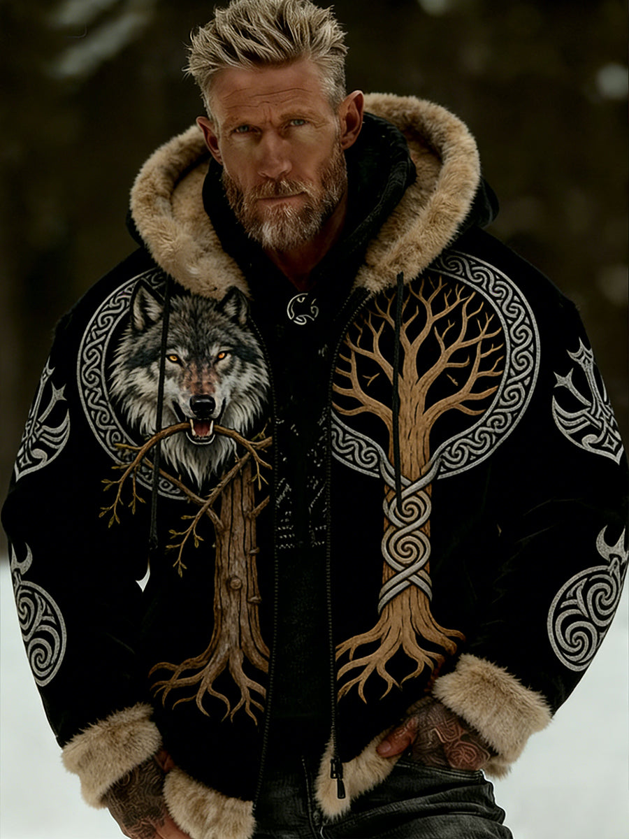 Hommes Retro Viking Wolf Totem style celtique flanelle chaud Sweat à capuche