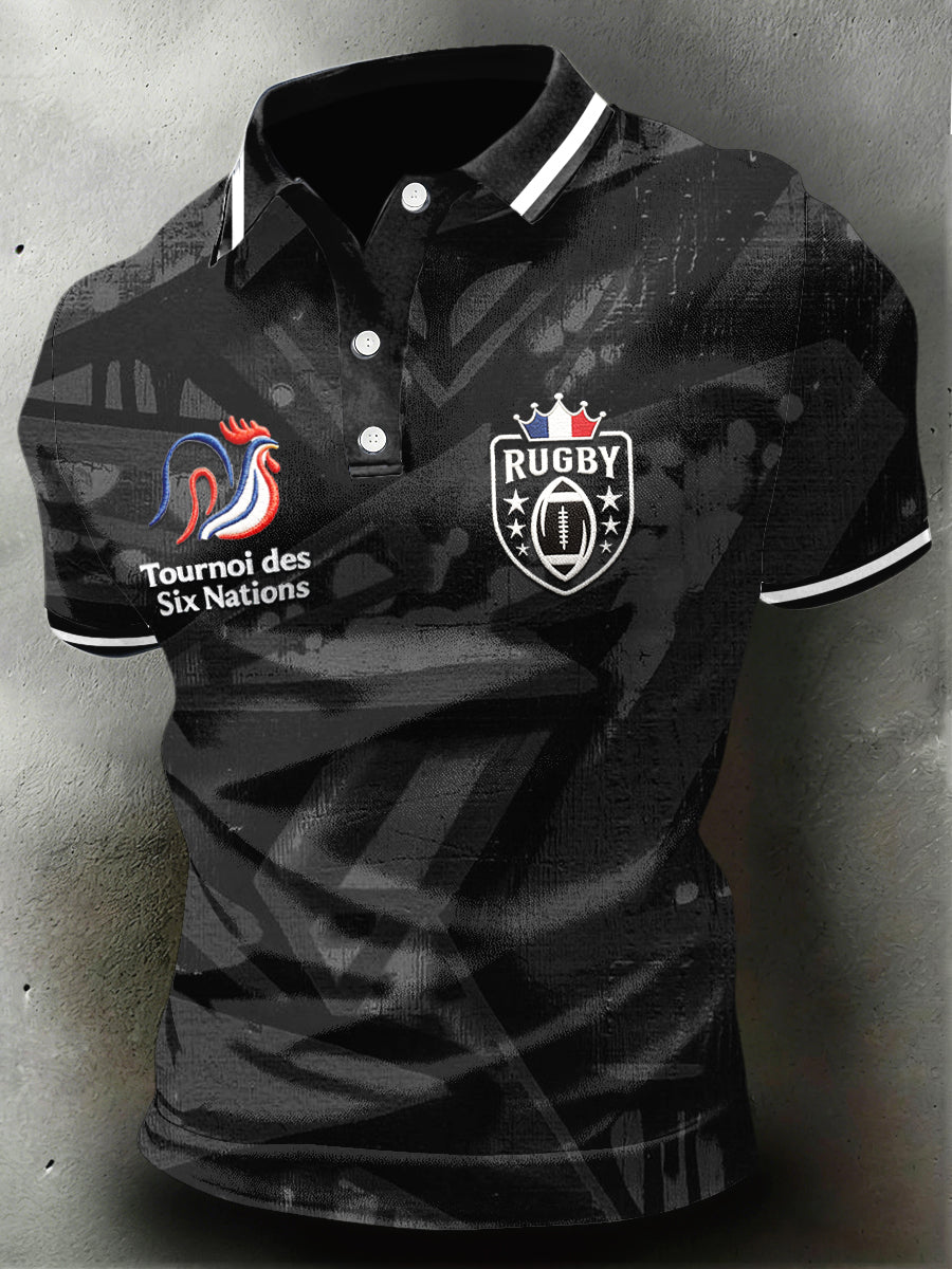 Polo en jersey décontracté noir à imprimé français des Six Nations pour homme