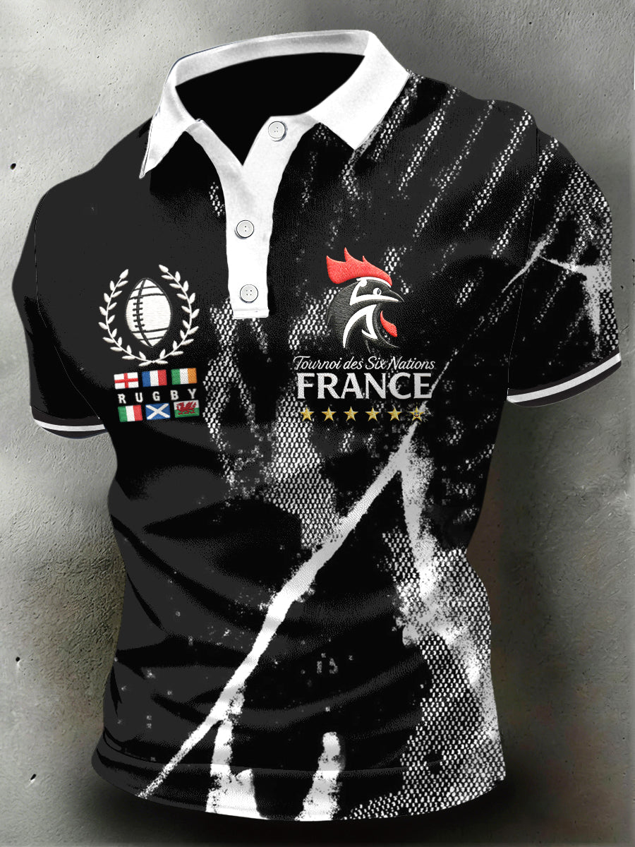Polo décontracté en jersey imprimé coq French Rugby Six Nations pour homme