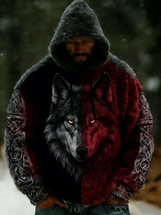 Rétro Viking Celtic Art Pattern Plush Veste à capuche zippée chaude pour hommes
